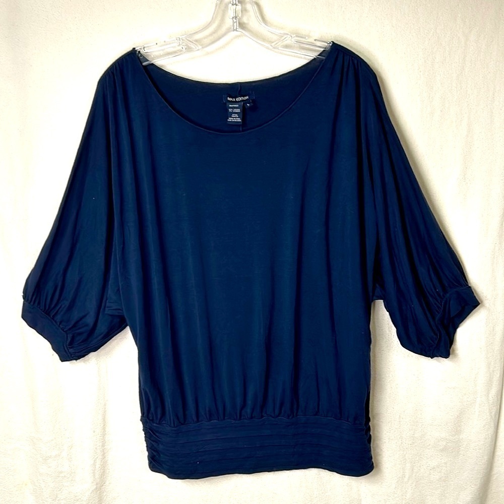 Max Edition Women’s Top Size L Navy Blue Dolman Sleeve Banded Waist